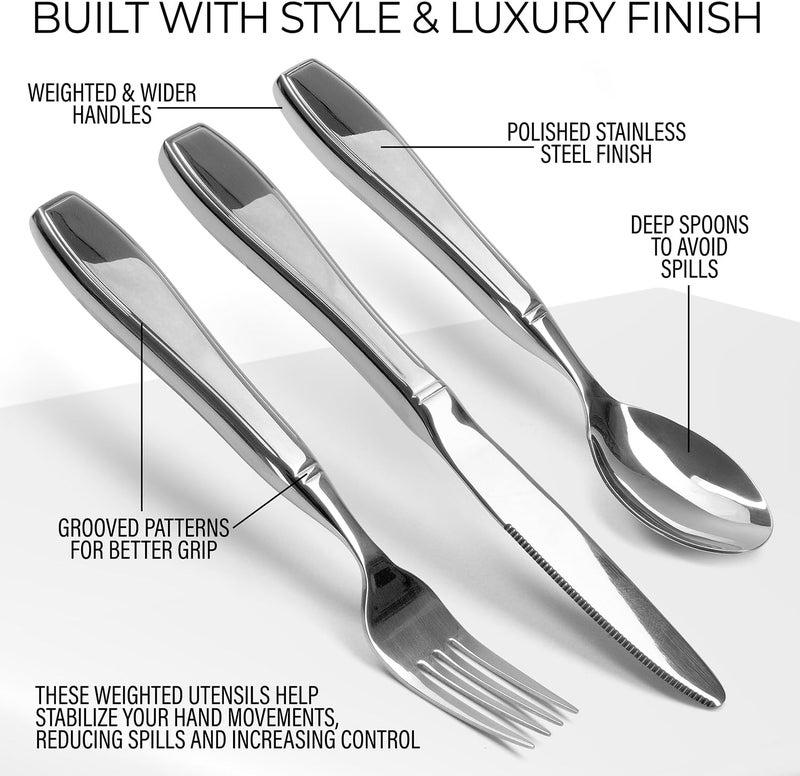 Shop Square Weighted Utensils for Hand Tremors and Parkinson's Patients - 3 Piece Set Weighted Silverware for Elderly, Arthritis, Weak Hand Grip - Convenient Travel Bag, Stainless Steel, 7 Oz - Image 3
